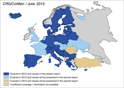 Kort over bidragende europæiske lande i skarv-undersøgelse