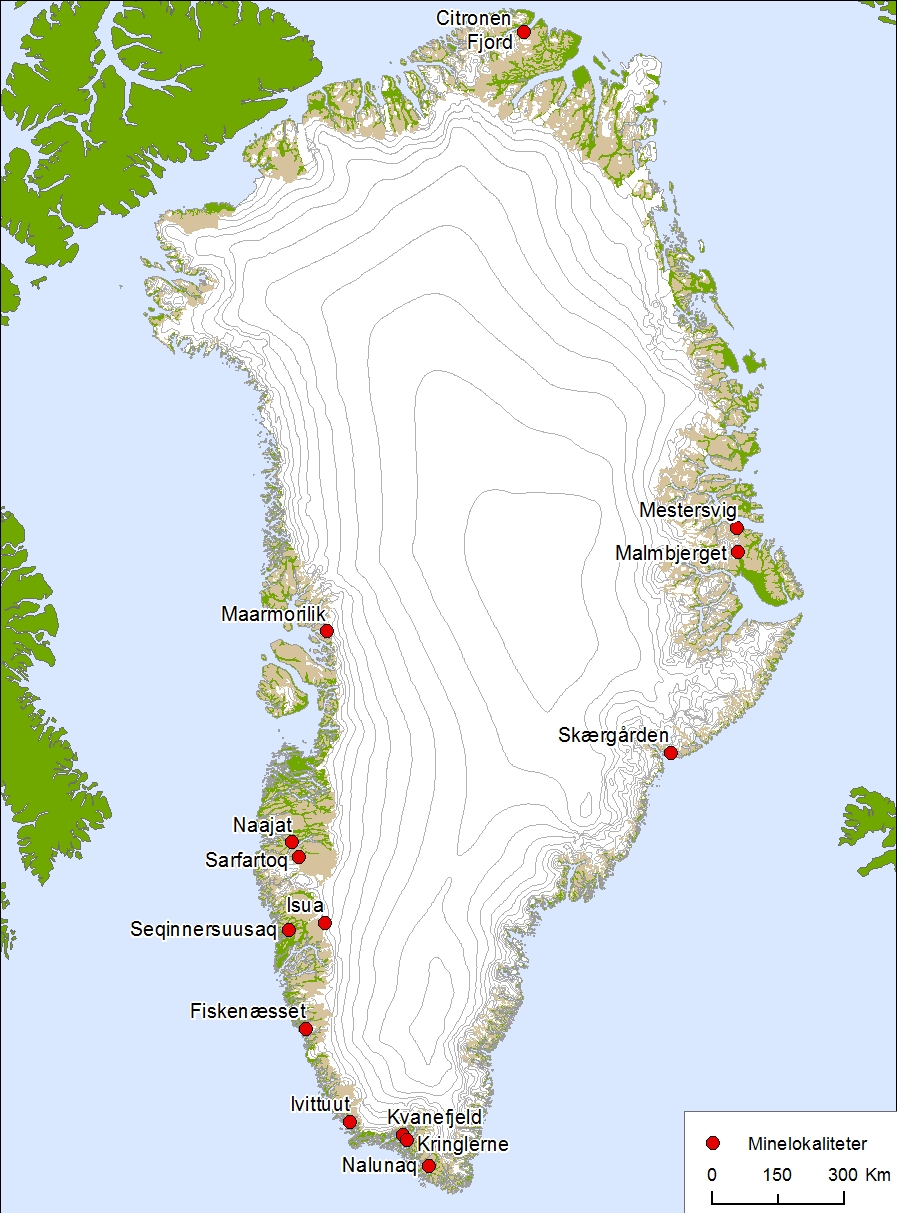 Kort over Grønland. Lokaliteter omtalt under menuen 'Minedrift og miljø'.